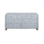 Stripe waterfall bone inlay 7 drawer buffet sideboard, front view with grey-white stripes and brass legs