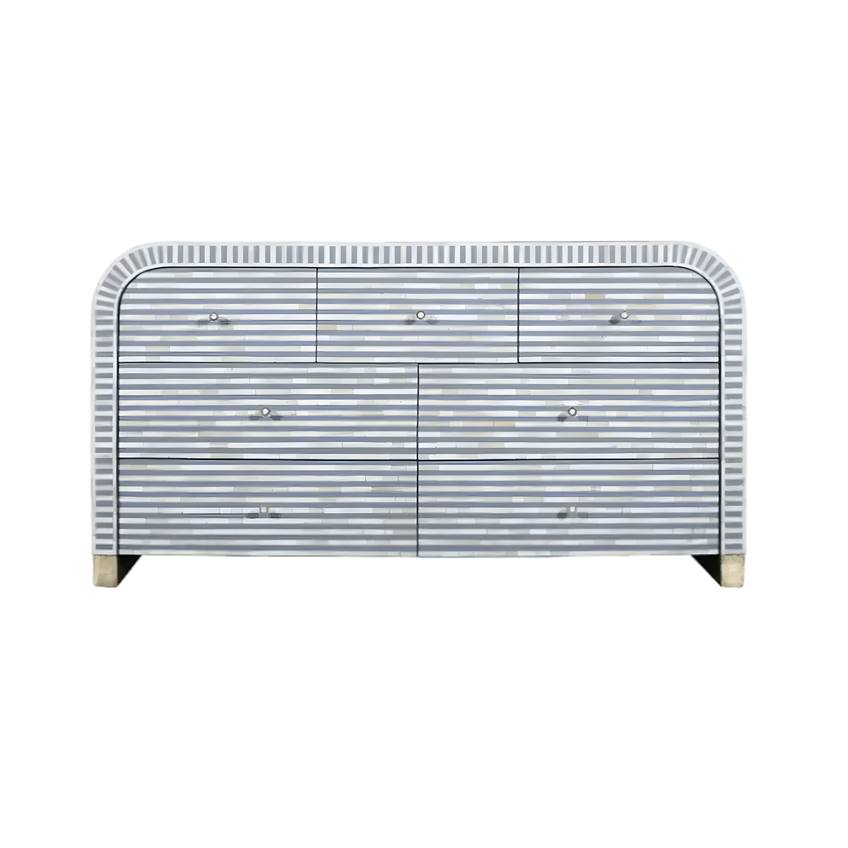 Stripe waterfall bone inlay 7 drawer buffet sideboard, front view with grey-white stripes and brass legs