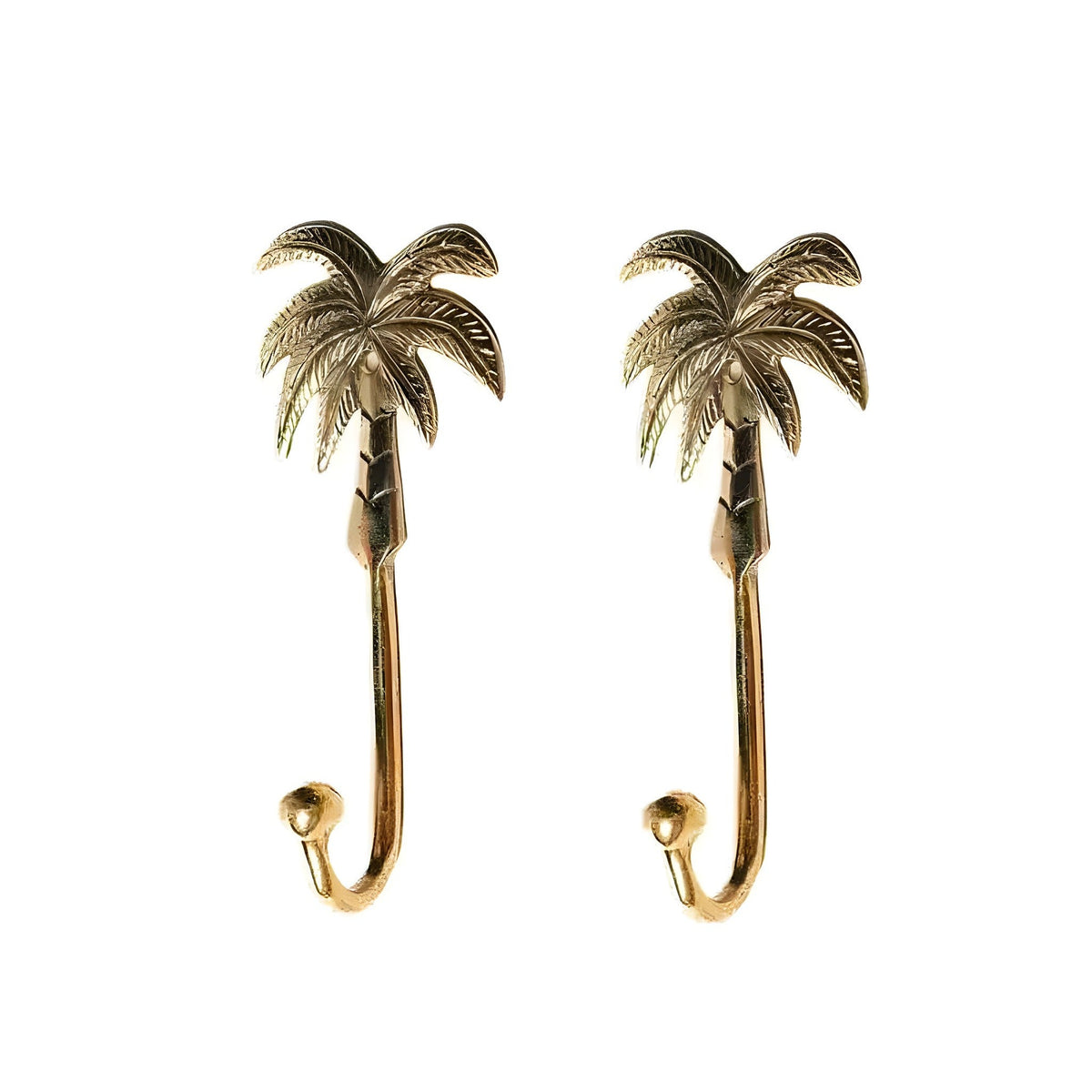 Pair of gold palm tree wall hooks with detailed frond canopy and J-hook bodies, isolated on white