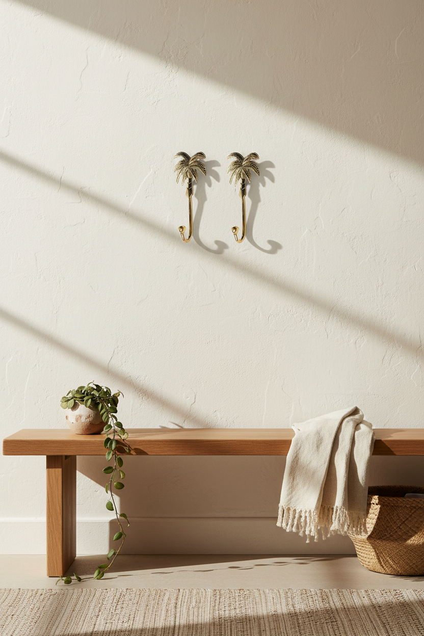 Two gold palm tree wall hooks mounted on a textured cream wall above a wooden bench with a draped throw blanket and a trailing green plant.