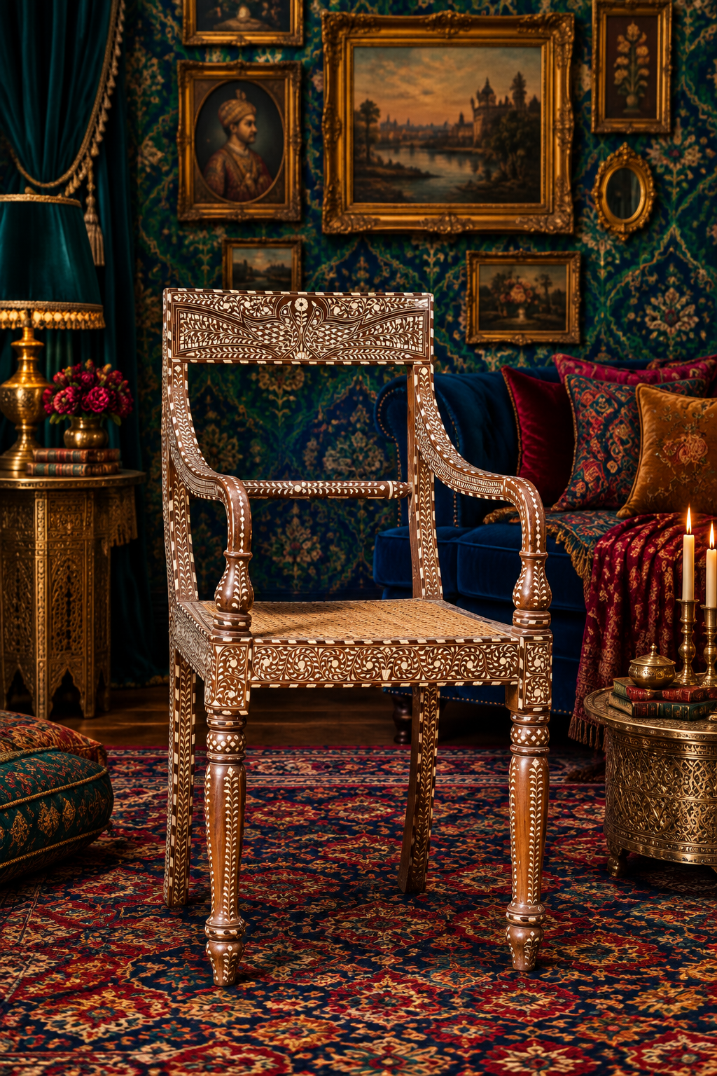Teakwood Bone Inlaid Chair with Arms