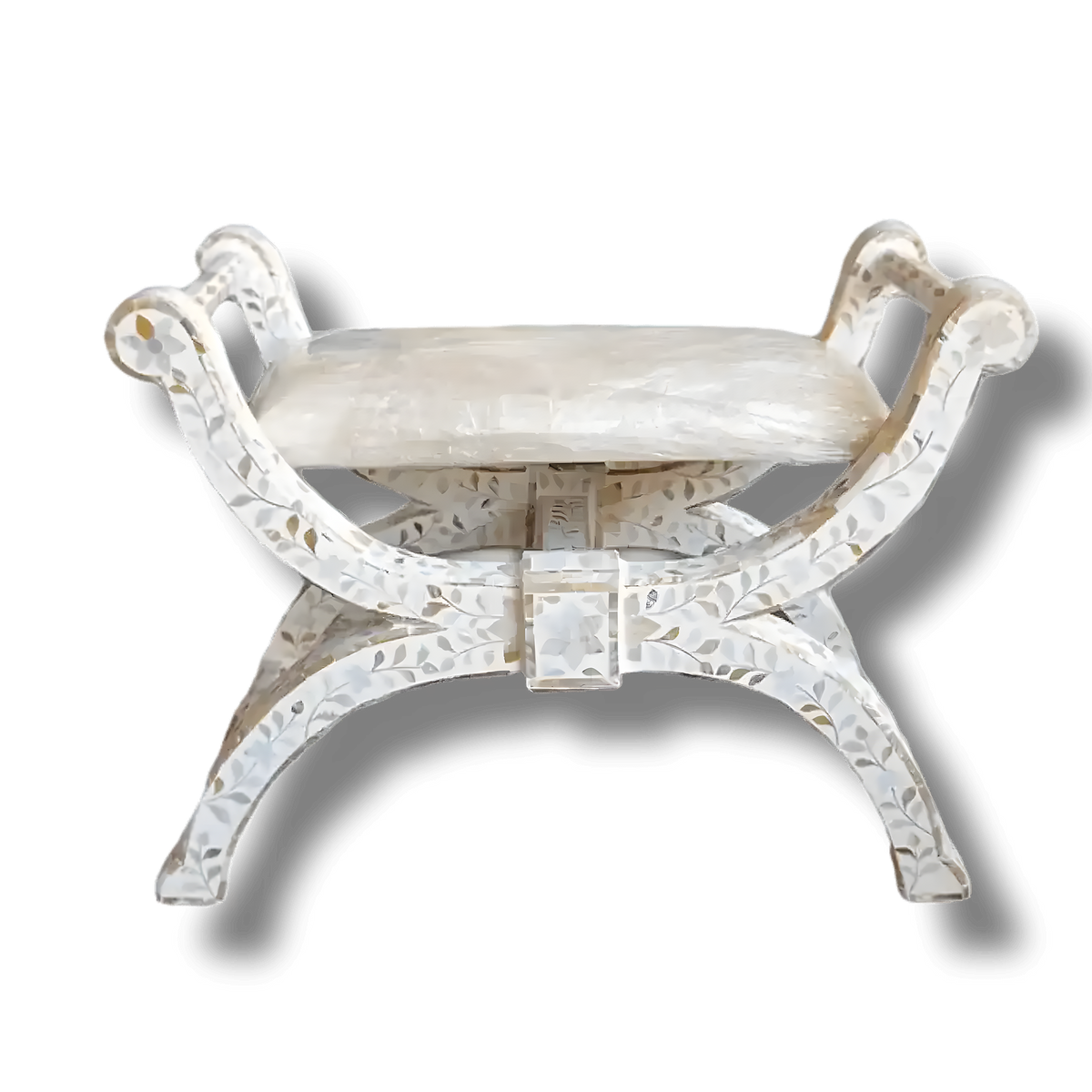 White mother of pearl floral inlay X-frame ottoman, cream cushioned seat, gray background
