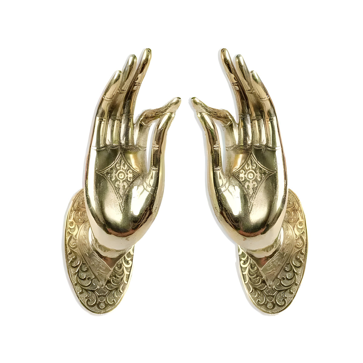Pair of gold bronze-plated hand door handles with engraved base plate, front view