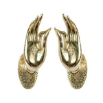 Pair of gold bronze-plated hand door handles with engraved base plate, front view