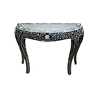 Bone inlay wooden floral console table — black demilune form, white vine floral inlay, cabriole legs