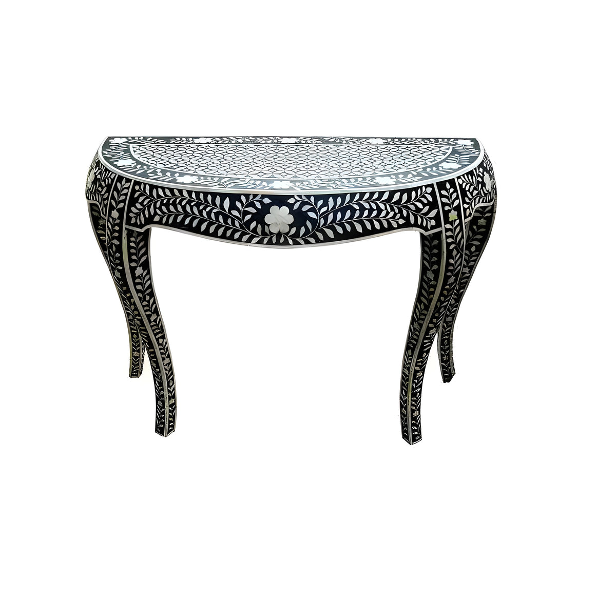 Bone inlay wooden floral console table — black demilune form, white vine floral inlay, cabriole legs