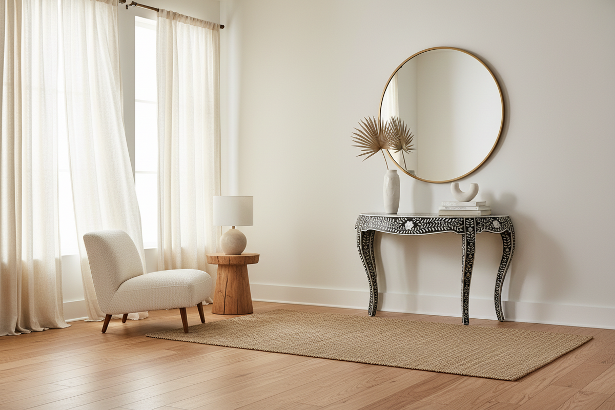 A styled interior room scene with a white upholstered accent chair, a small wooden side table with a lamp, a round wall mirror, a decorative console table, and a woven area rug on a wood floor.