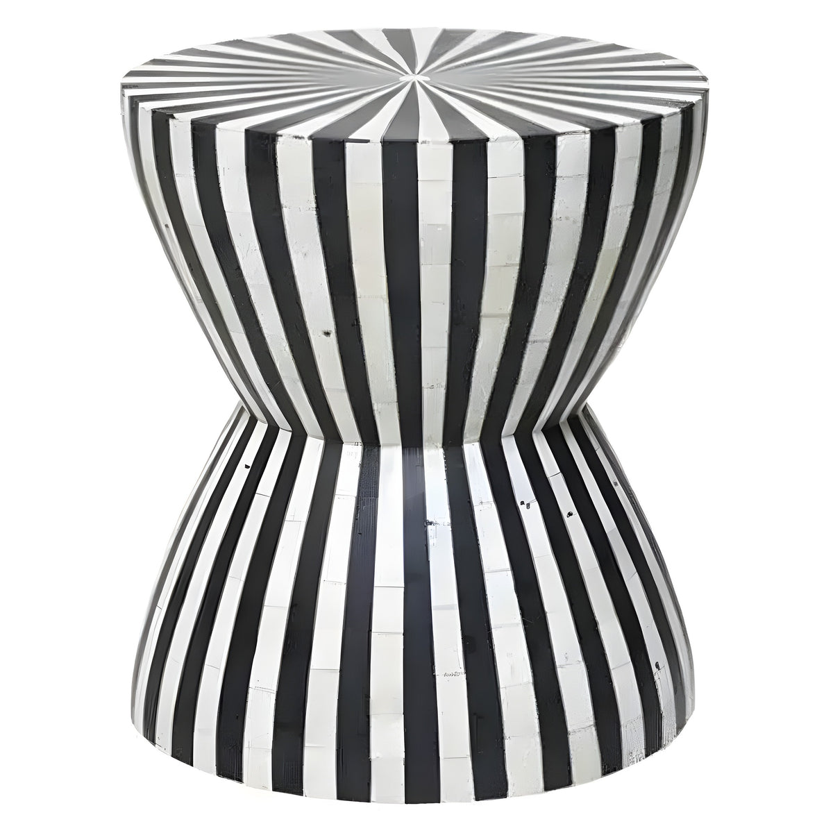 Bone inlay striped round side table — hourglass silhouette with bold black and white vertical stripe inlay