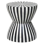 Bone inlay striped round side table — hourglass silhouette with bold black and white vertical stripe inlay