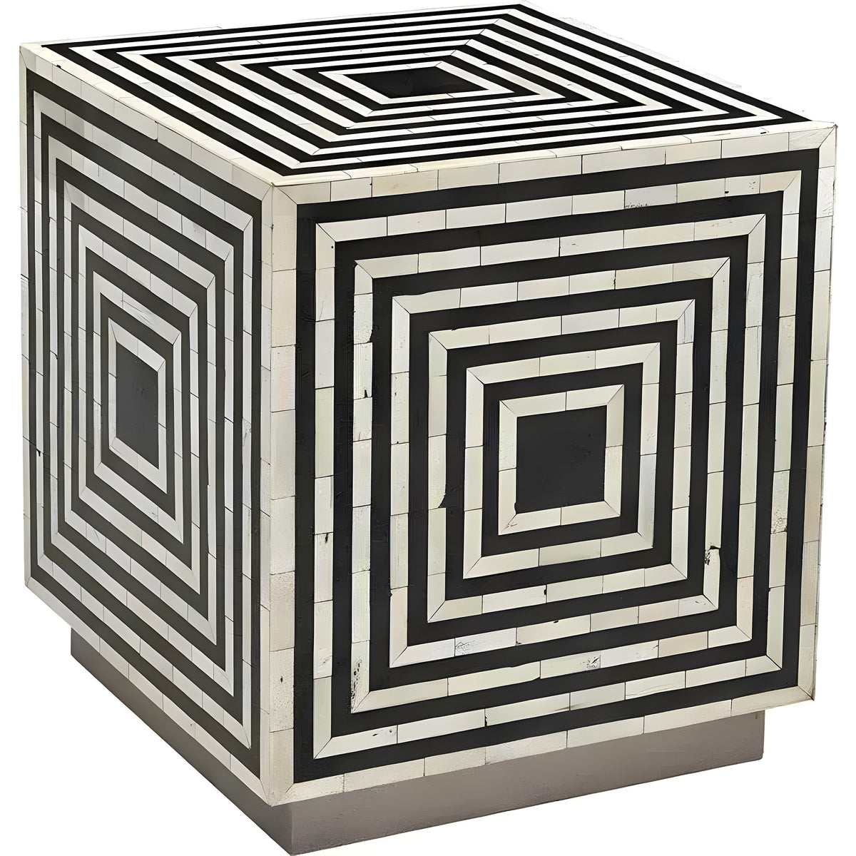 Black and white concentric square stripe bone inlay wooden striped end table, optical pattern all sides