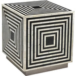 Black and white concentric square stripe bone inlay wooden striped end table, optical pattern all sides