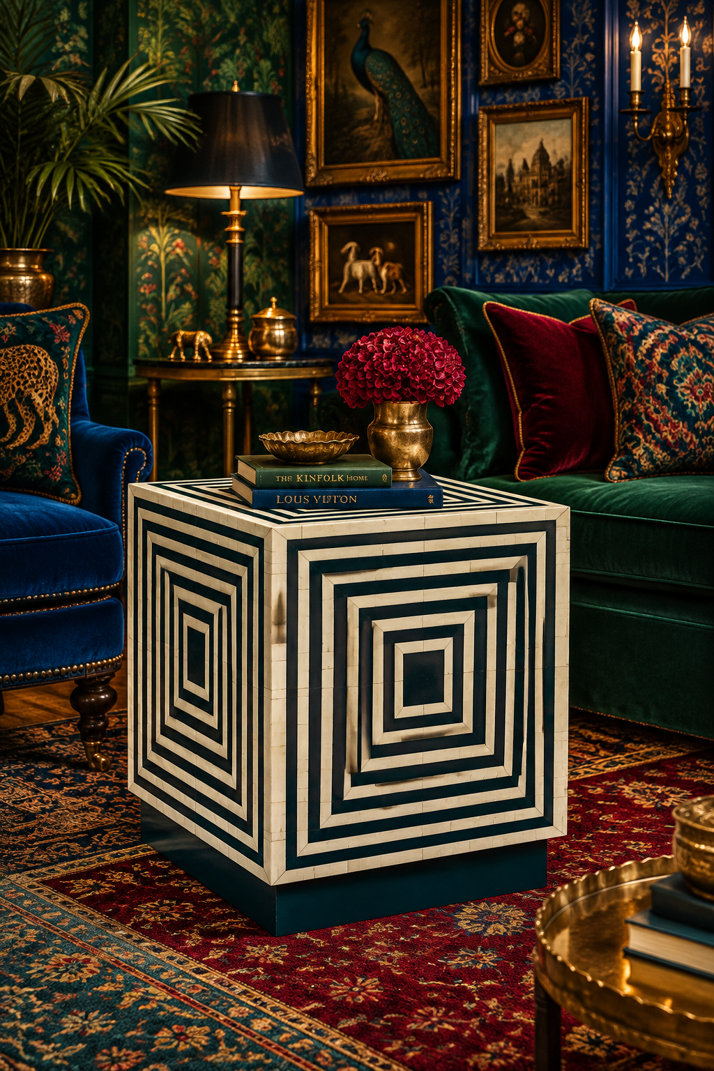 Bone Inlay Wooden Modern Striped Square End table