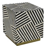 Square side table with a black and white striped bone inlay pattern on all sides and a brass base.