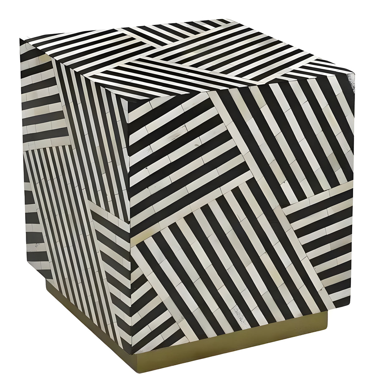 Square side table with a black and white striped bone inlay pattern on all sides and a brass base.
