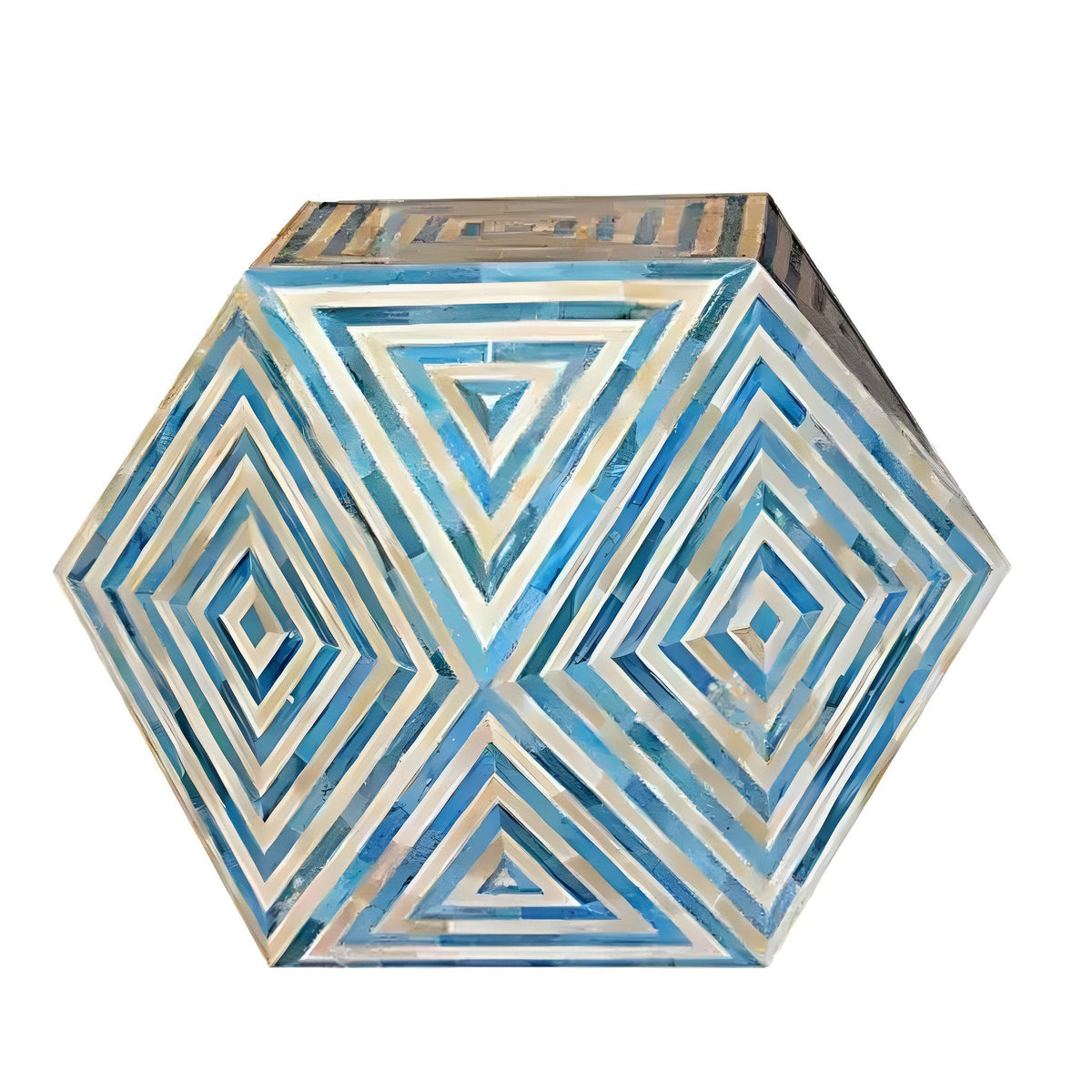 Overhead of handmade blue ivory bone inlay hexagon side table with concentric diamond stripe top