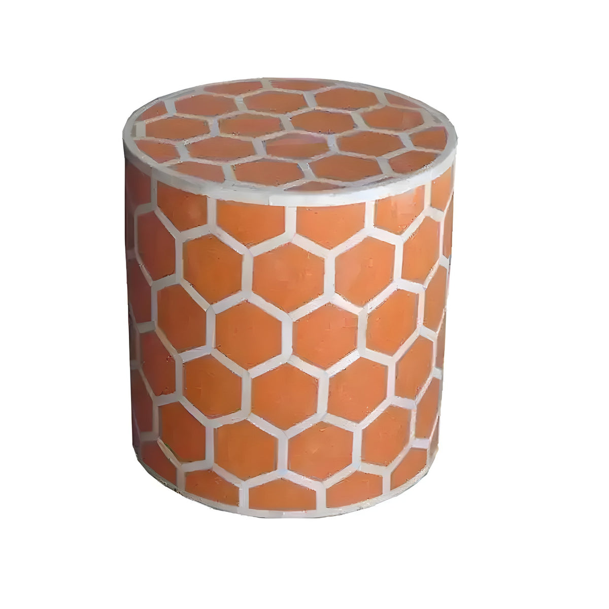 Cylindrical bone inlay bee pattern side table with orange honeycomb hexagons and white bone inlay grid