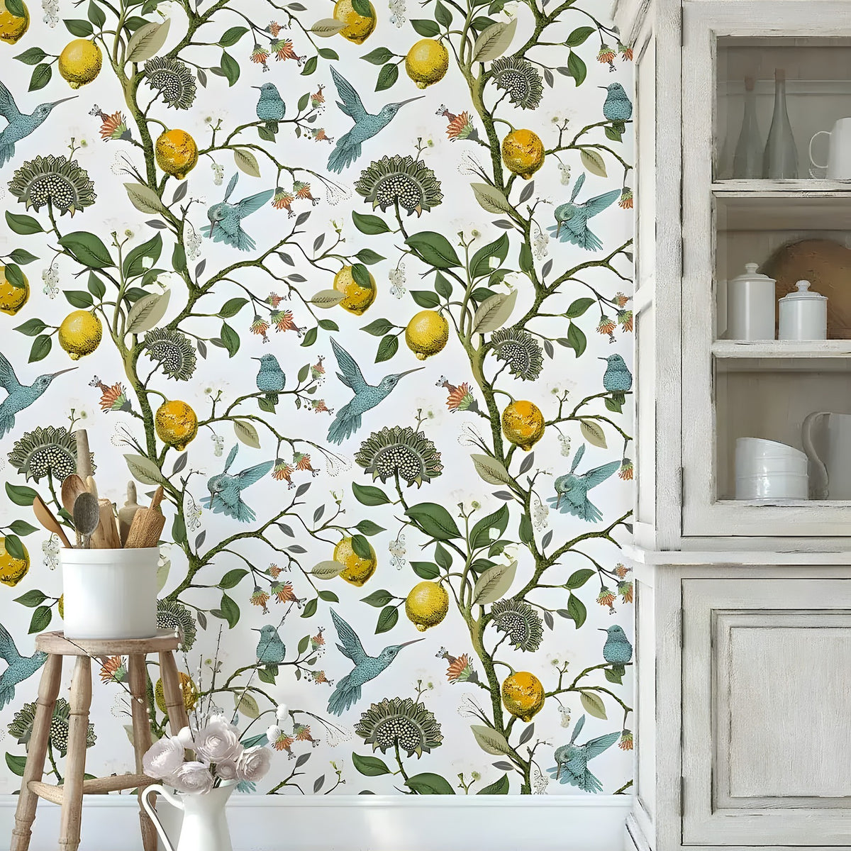 Vintage hummingbird wallpaper with blue hummingbirds, lemons, and green tree branches on white, installed behind a wood stool and rustic cabinet