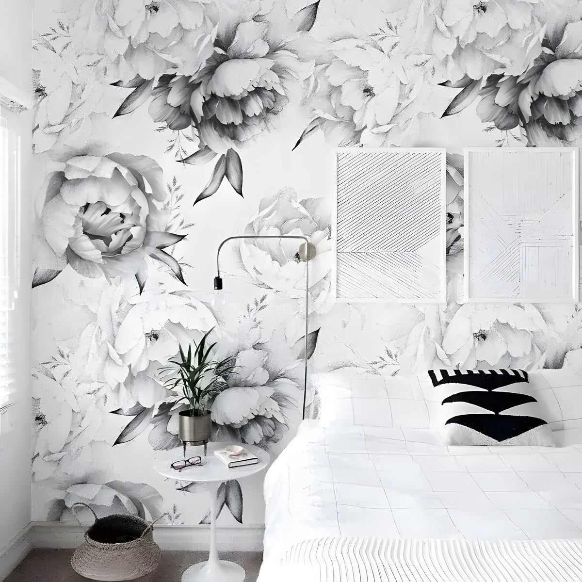 Black and White Peonies Watercolor Large Flowers Wall Mural 100" H x 140" W (254cm x 356cm) Fabric Peel and Stick