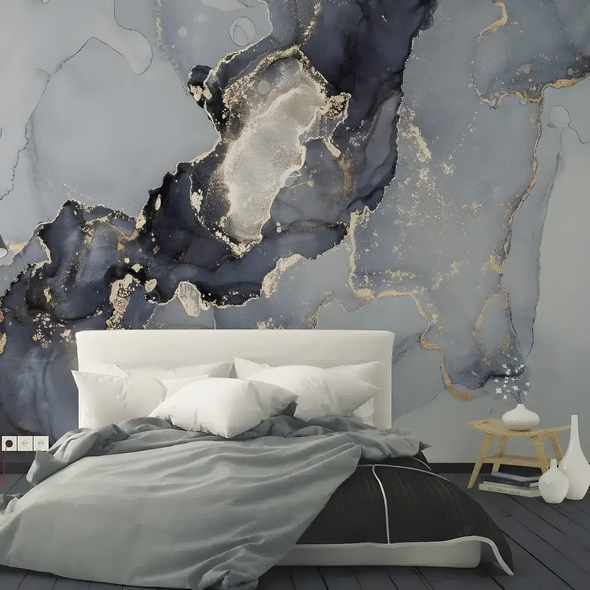 Watercolor Marble Abstract Alcohol Ink Gray Black Wall Mural 100" high x 140" wide (254cm x 356cm) Fabric Peel and Stick