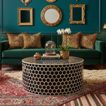 Black Honeycomb Bone Inlay Round Coffee Table styled in a room setting