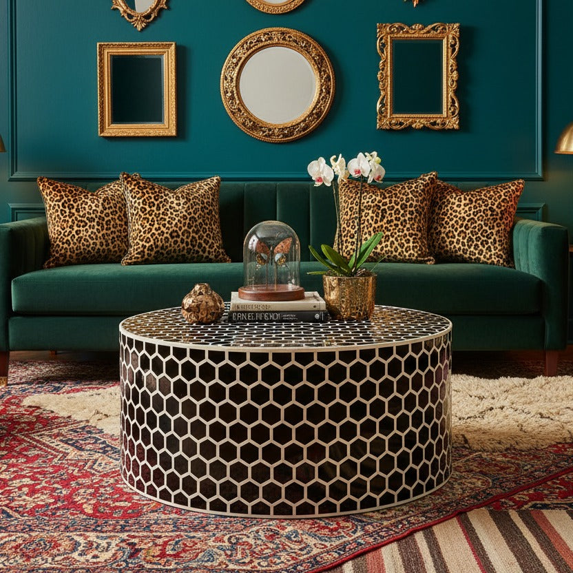 Black Honeycomb Bone Inlay Round Coffee Table styled in a room setting