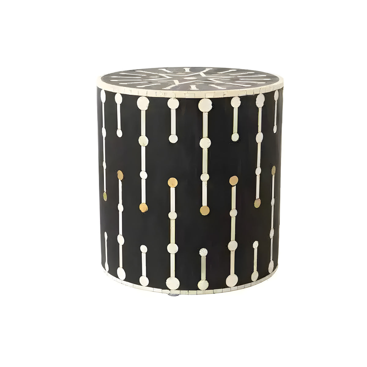 Black cylindrical bone inlay crystal drop side table with white bead-drop pattern and gold dots