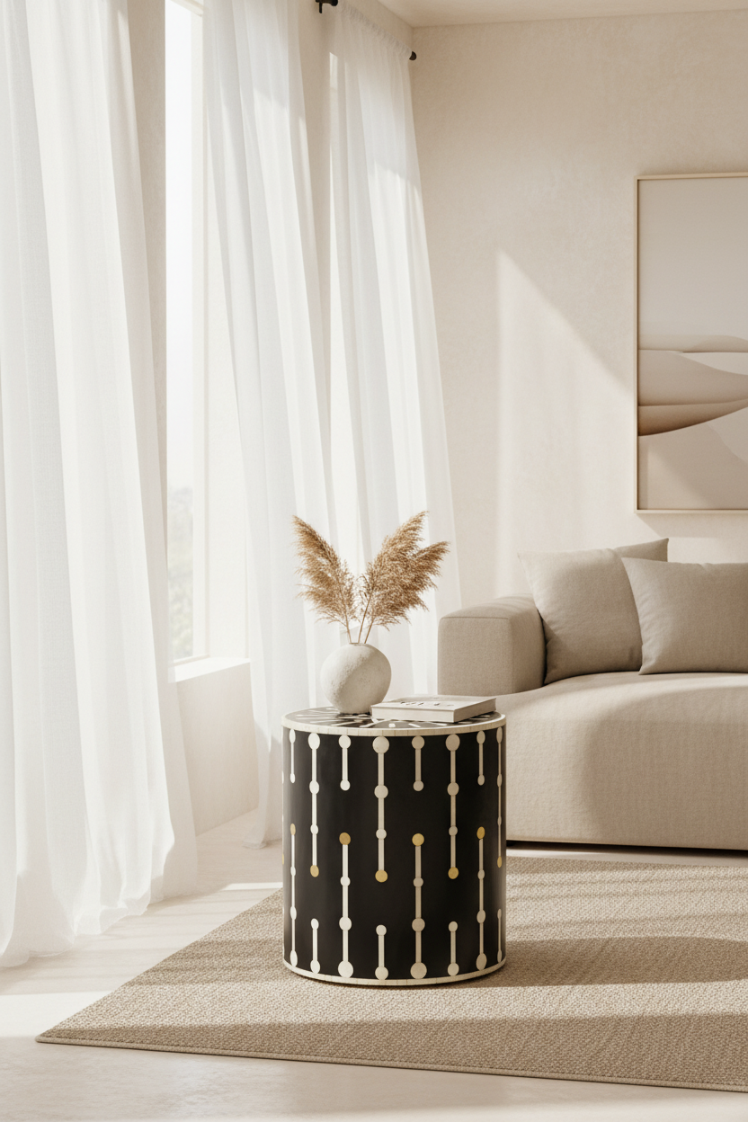A round black accent side table with a gold and white vertical geometric pattern, styled in a bright, modern living room next to a beige sofa and white sheer curtains.