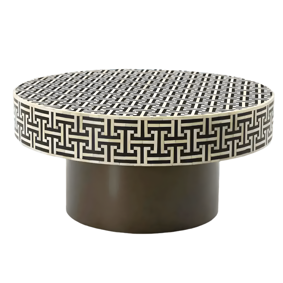 Handmade Bone Inlay Geometric Pattern Coffee Table — round drum table with black-cream Greek key inlay, dark base