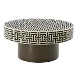 Handmade Bone Inlay Geometric Pattern Coffee Table — round drum table with black-cream Greek key inlay, dark base
