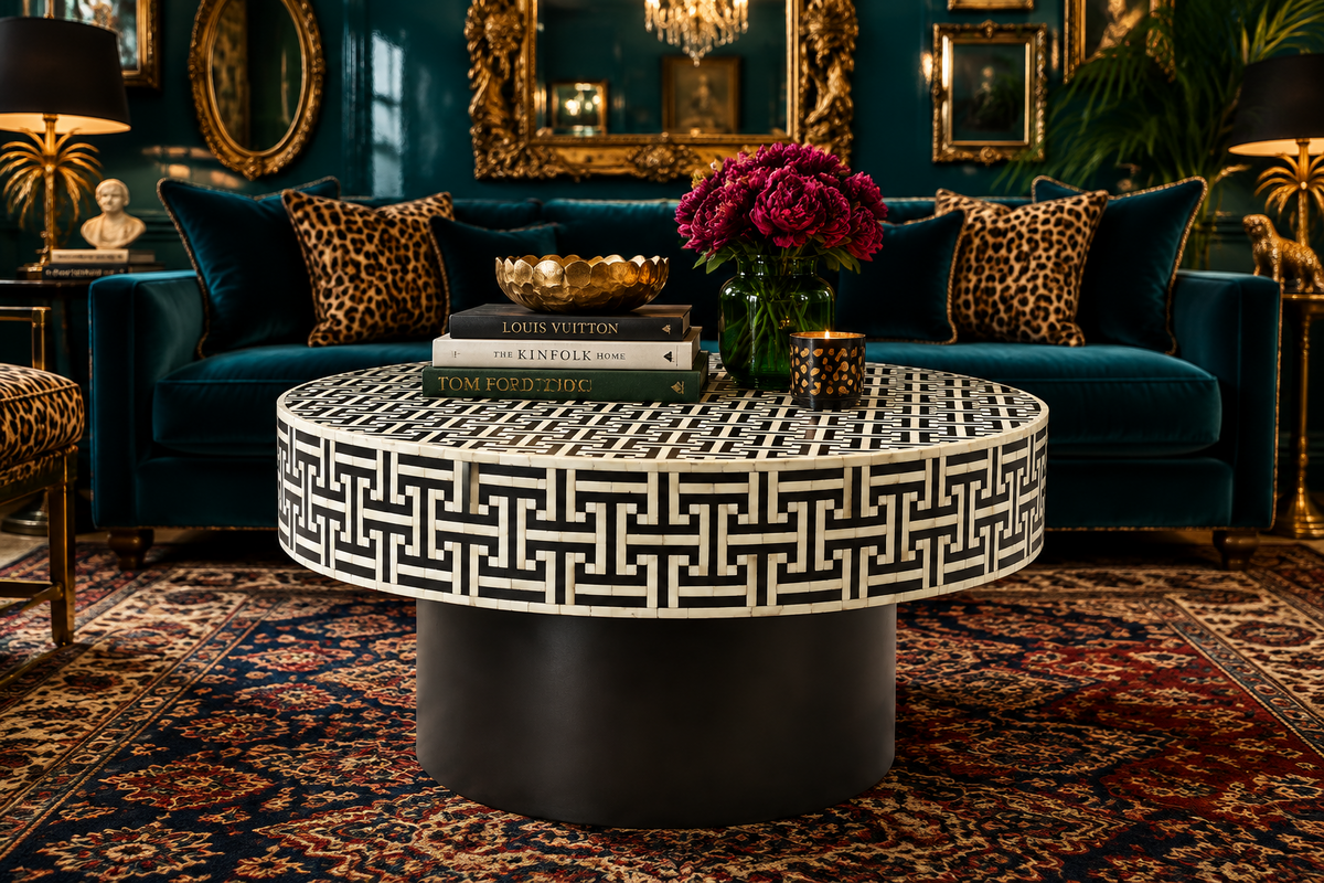 Handmade Bone Inlay Geometric Pattern Coffee Table