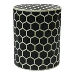 Black honeycomb bone inlay round side table — cylindrical form, hexagonal pattern, white background