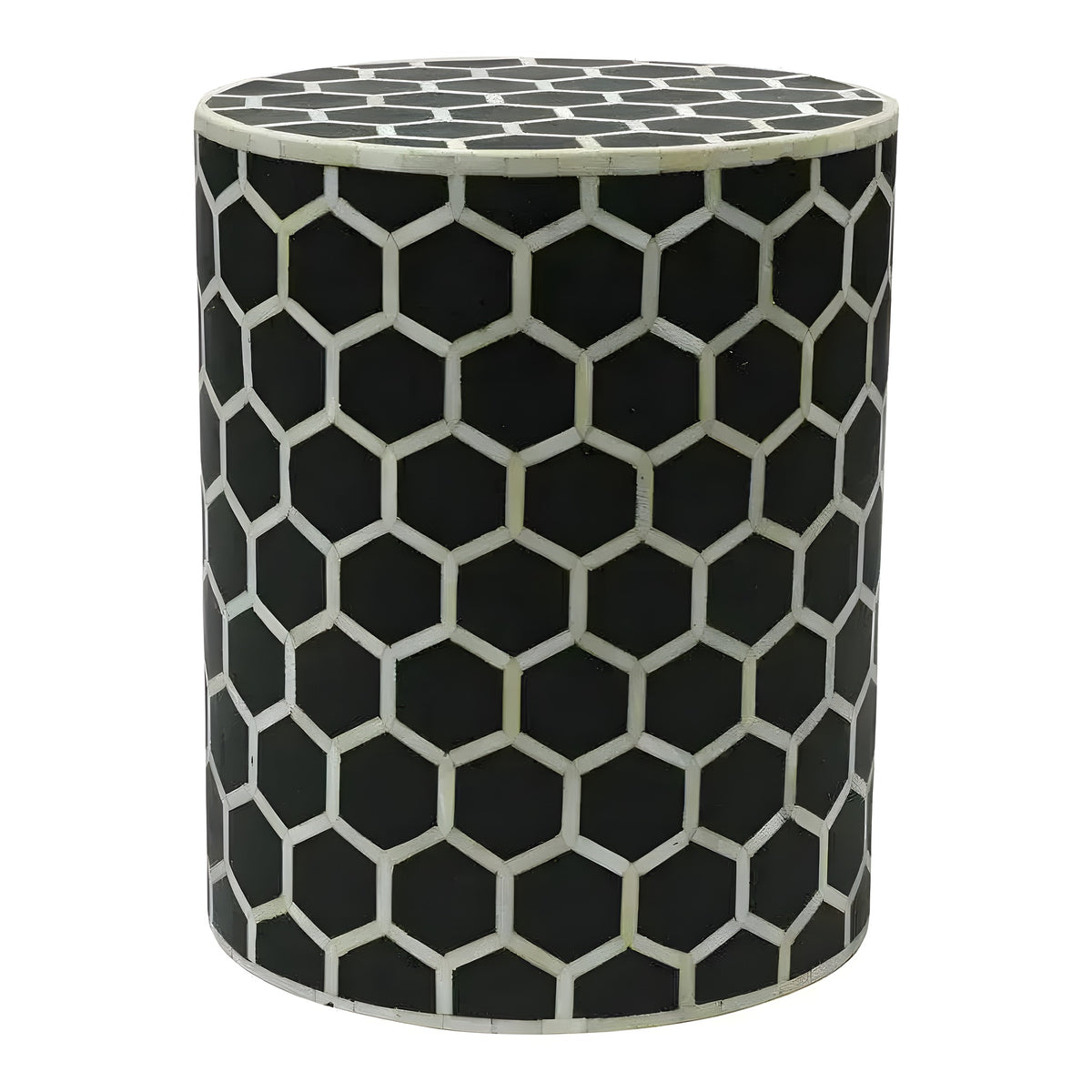 Black honeycomb bone inlay round side table — cylindrical form, hexagonal pattern, white background