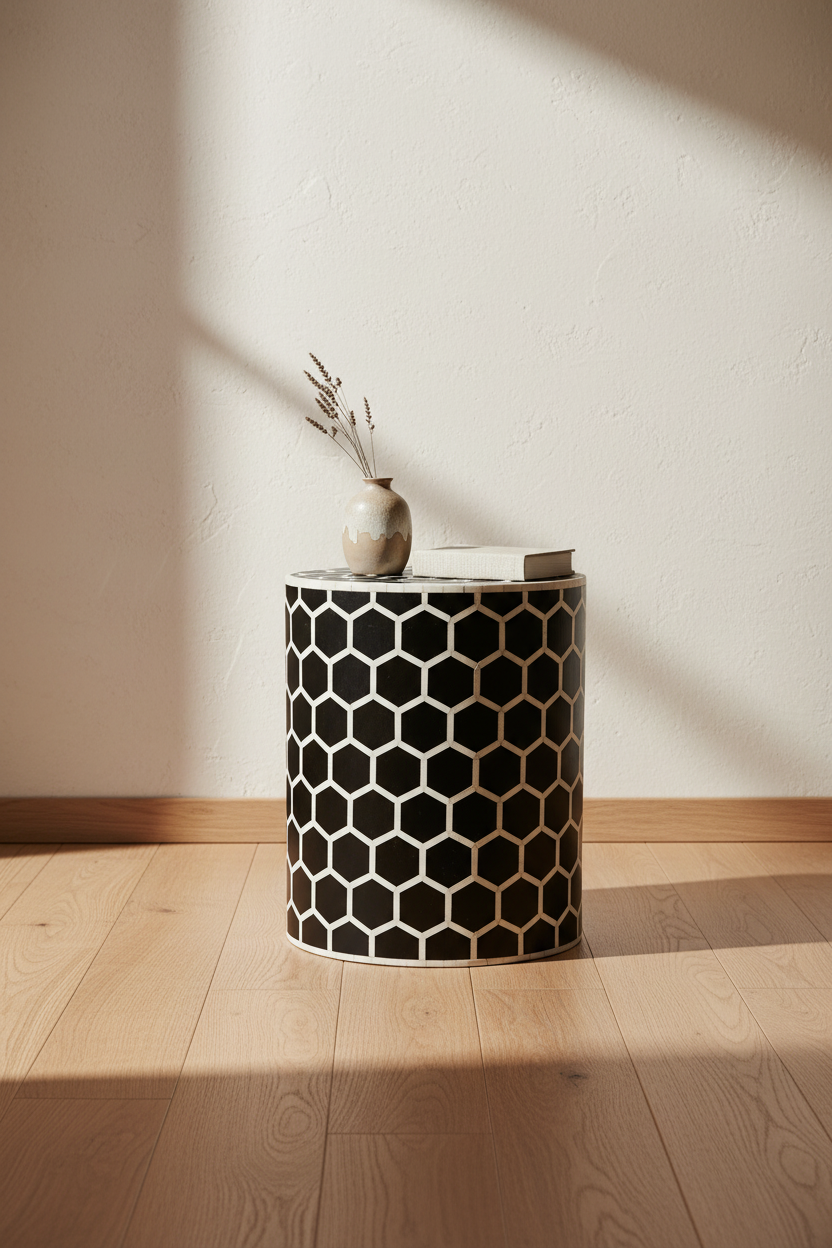 A cylindrical side table with a black and beige geometric honeycomb pattern, styled with a small vase and books on top, set in a room with a textured cream wall and light wood flooring.