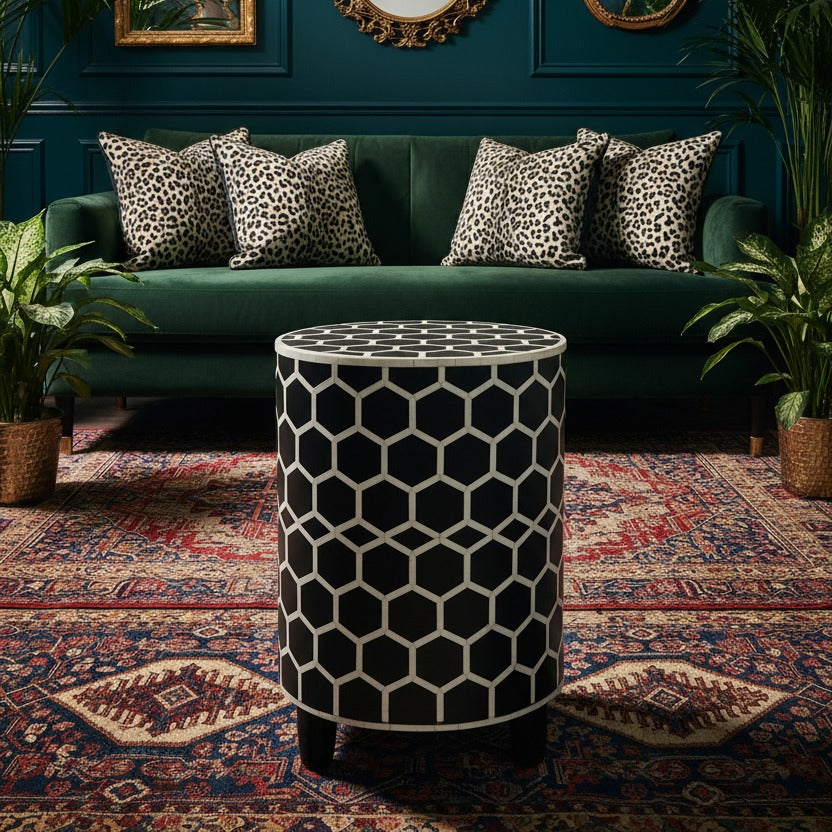 Black Honeycomb Bone Inlay Round Side Table styled in a room setting
