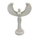 White stone-finish Egyptian goddess candelabra with outstretched feathered wings holding two candle cups