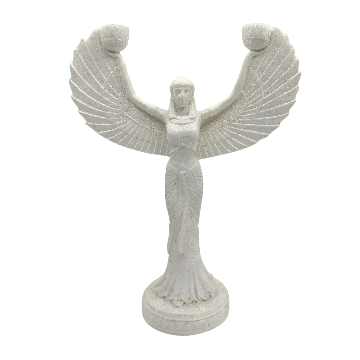 White stone-finish Egyptian goddess candelabra with outstretched feathered wings holding two candle cups