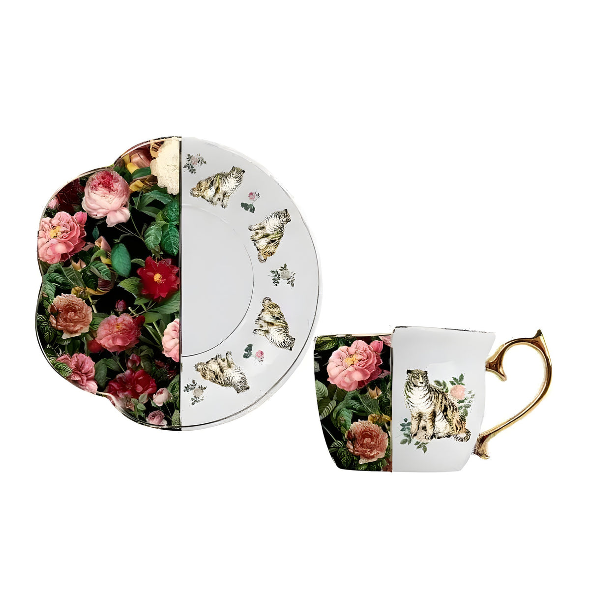 Gold plated retro tigers mug and plate set with split jungle floral and white tiger panel