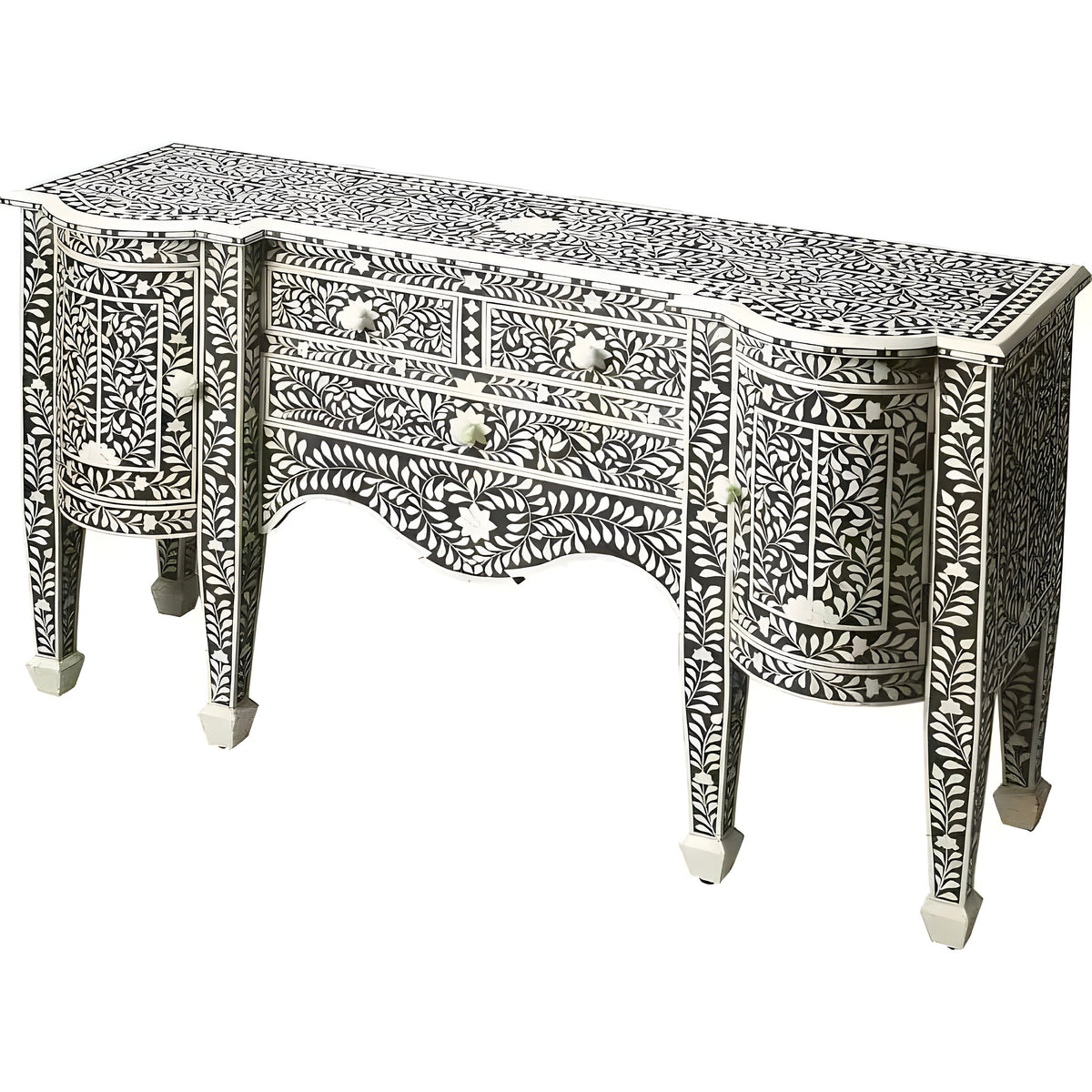 Bone inlay buffet table — dark wood French-inspired sideboard with dense white floral inlay on all surfaces, white bg