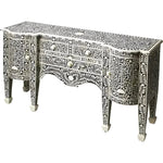 Bone inlay buffet table — dark wood French-inspired sideboard with dense white floral inlay on all surfaces, white bg