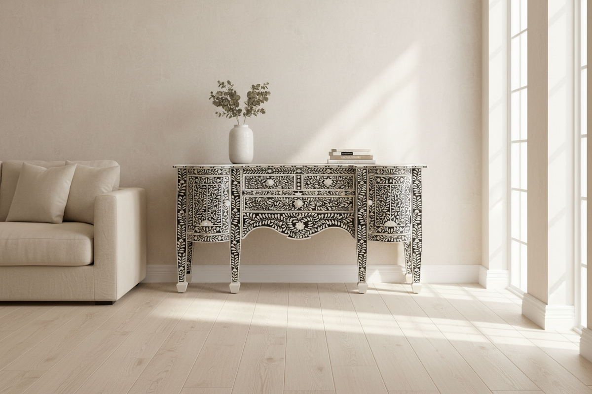 An ornate black-and-white carved console table in a bright, minimalist living room with a cream sofa, light wood floor, and a vase of branches on top.