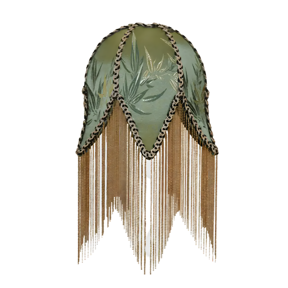 Jacquard Green Bamboo Leaf Antique Lampshade with Tassels — sage green dome, leopard trim, gold chain fringe