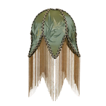 Jacquard Green Bamboo Leaf Antique Lampshade with Tassels — sage green dome, leopard trim, gold chain fringe