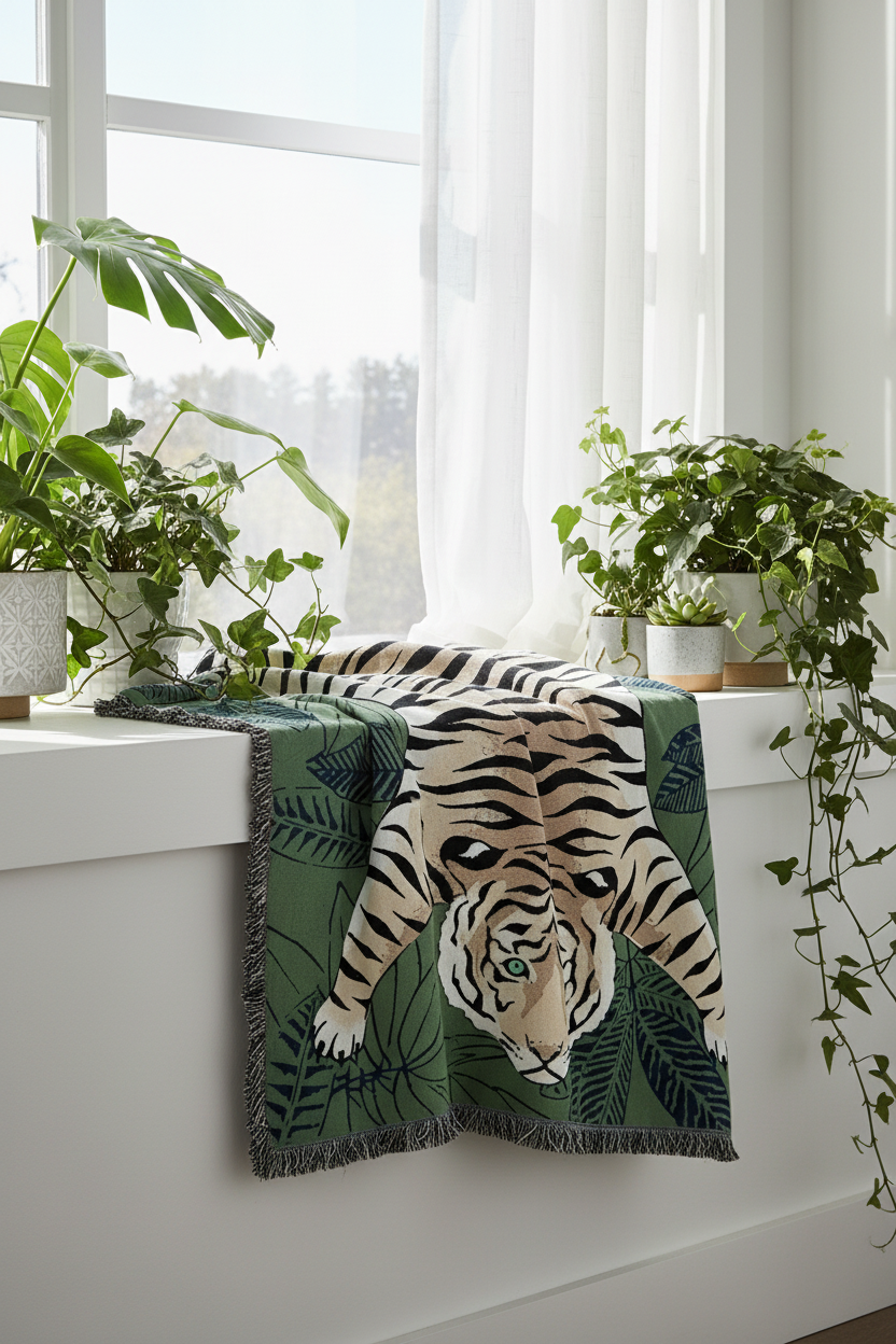 A woven throw blanket featuring a large tiger and green tropical leaves, draped over a white windowsill with potted plants and sheer curtains in the background.