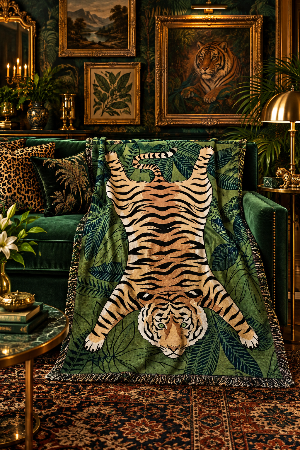 Tiger Lying in the Green Wild Printed Throw