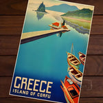 Retro travel poster for Greece Island of Corfu with wooden rowboats, chapel on rocky islet, and blue sea