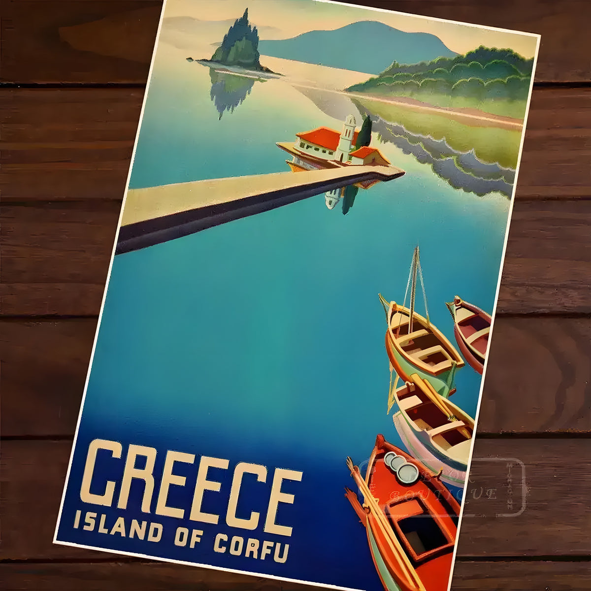 Retro travel poster for Greece Island of Corfu with wooden rowboats, chapel on rocky islet, and blue sea