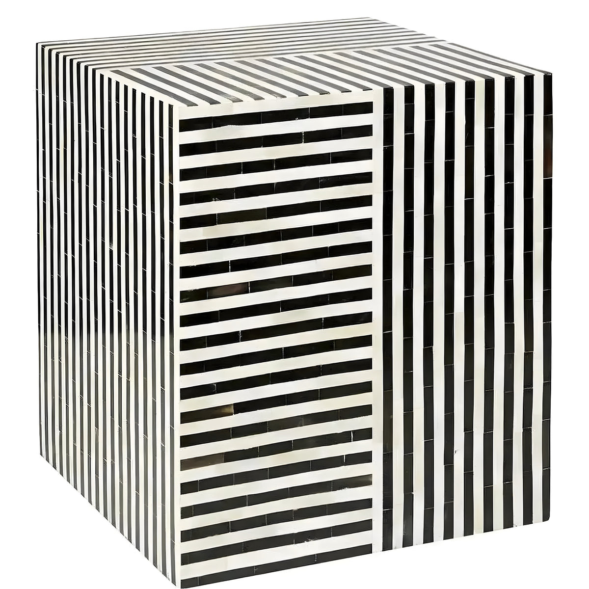 Bone inlay black and white modern side table — square cube form, bold horizontal black/white stripes