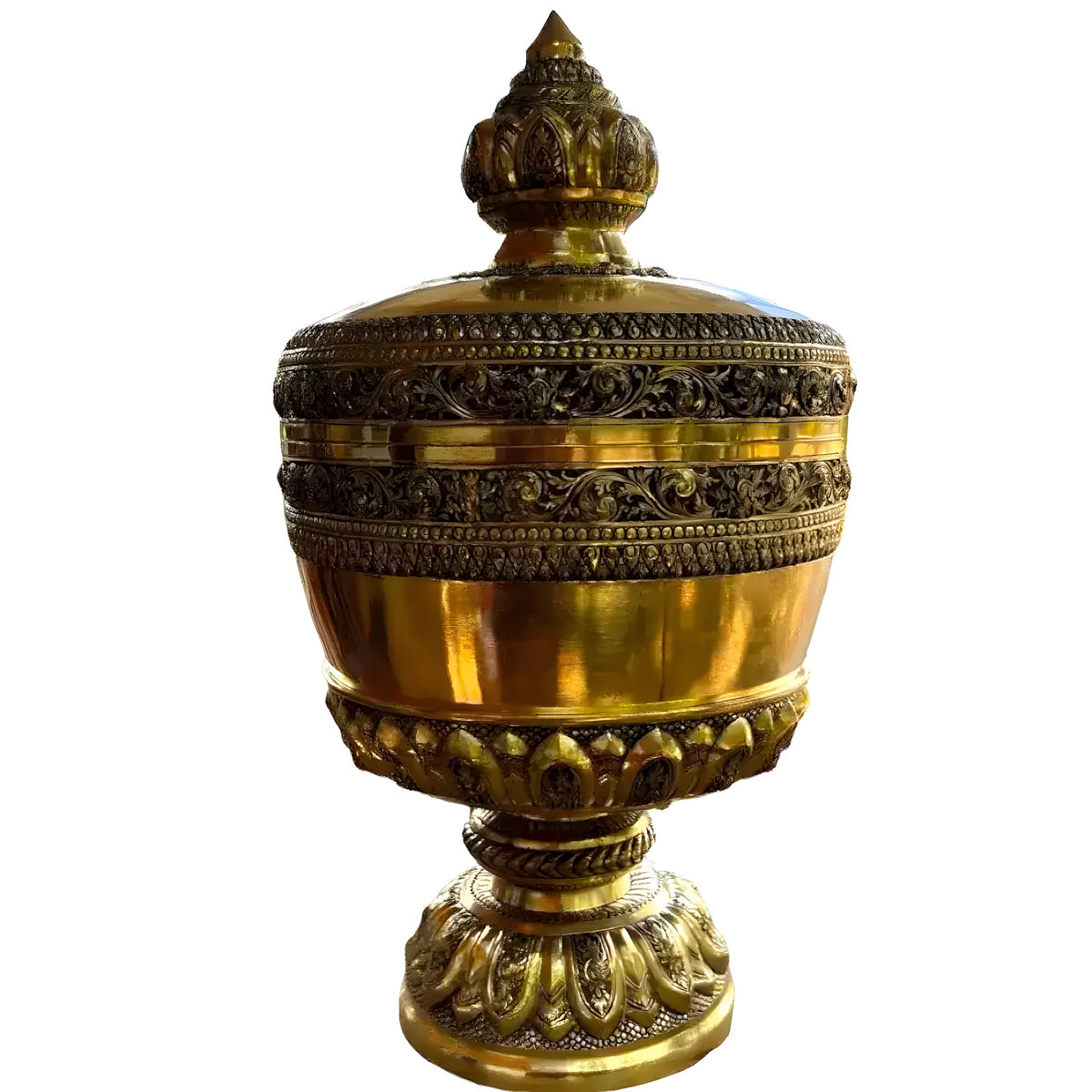 Classic solid brass niello bowl — lidded urn with niello floral bands, lotus-petal base and finial, white background