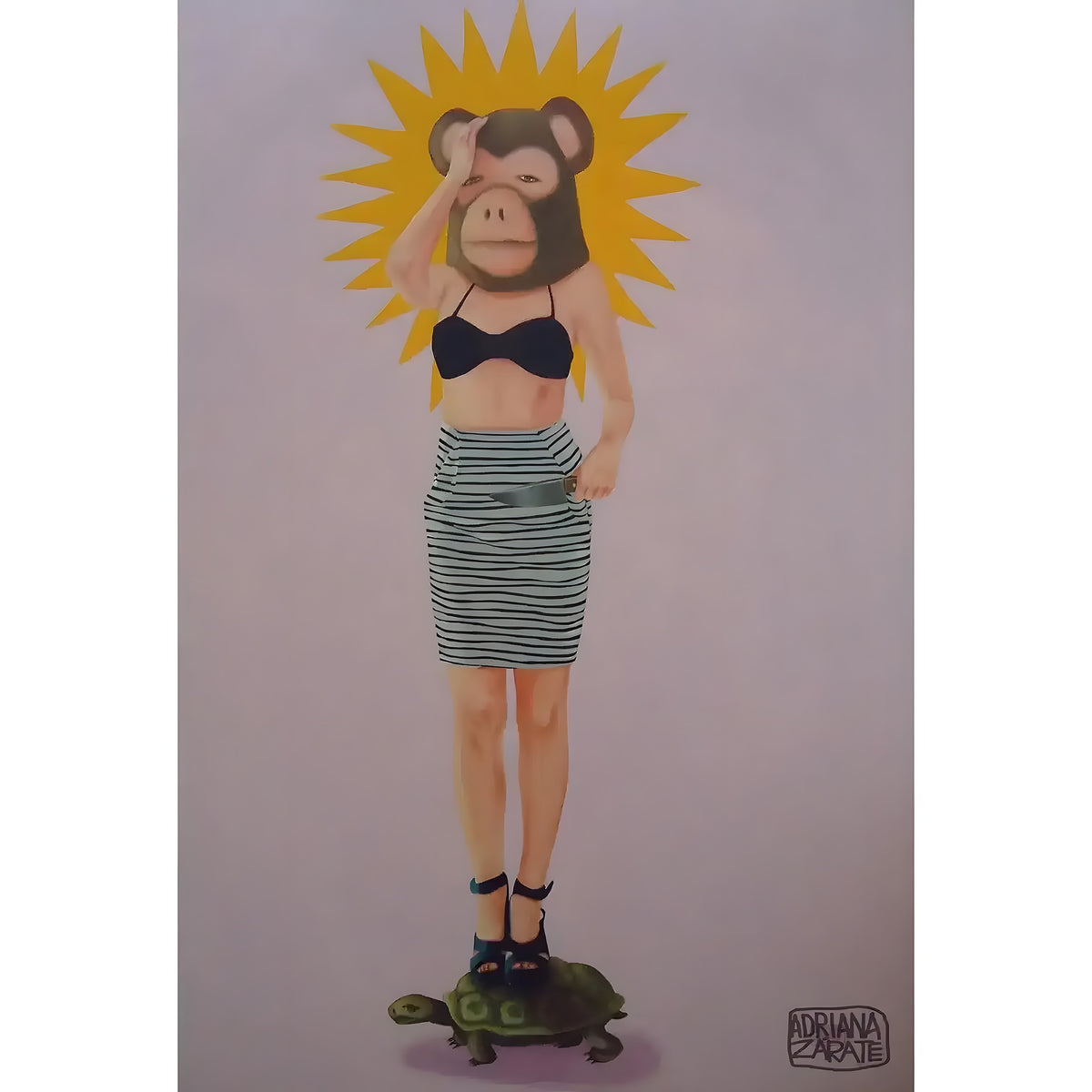 Chango Sobre Tortuga wall art print — female figure with monkey head and sunburst, standing on green turtle