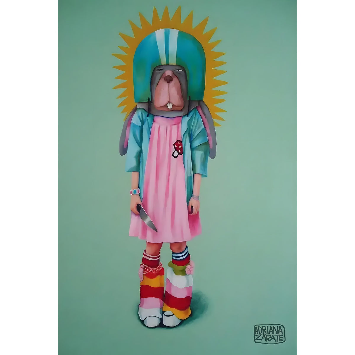 Surrealist canvas — rabbit in pink dress, teal helmet with sun halo, colorful striped socks